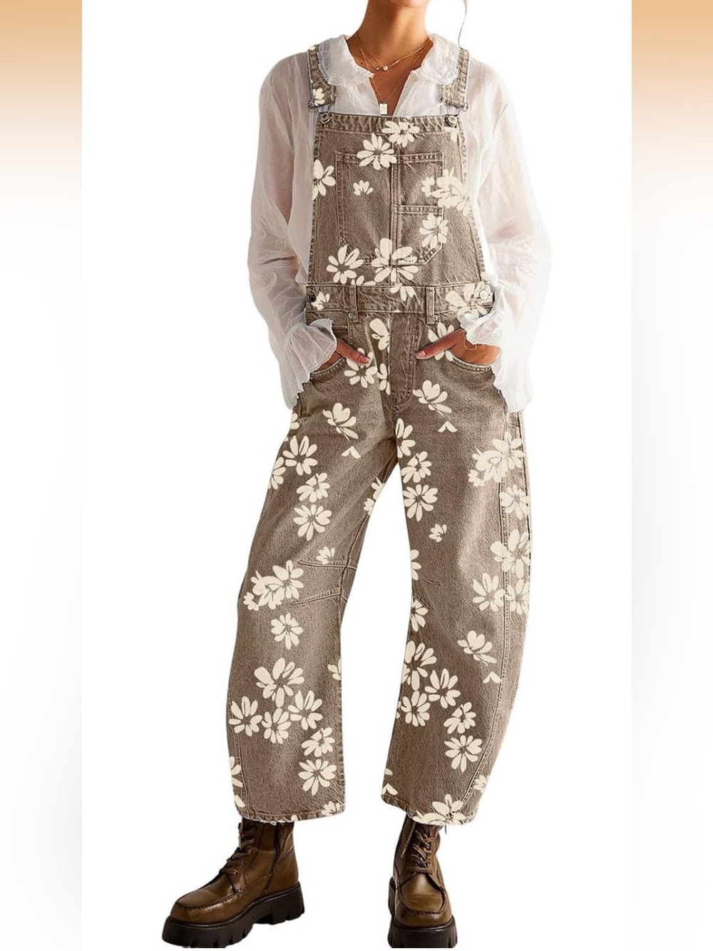 Floral Print Denim Barrel Overalls - White Floral on Brown- NWOT- Size L
